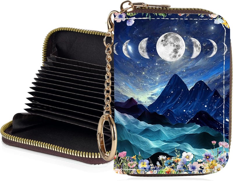 Luoycxy Credit Card Holder for Women,Small Rfid Wallet with Keychain Zipper,Cute PU Leather Card Case Wallet，Accordion Credit Card Wallets Gift,Moon Mountains - Image 1